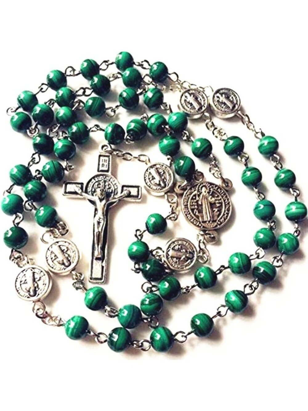 Elegant Handmade 6MM Green Malachite Jade St. Benedict Rosary Necklace Gift